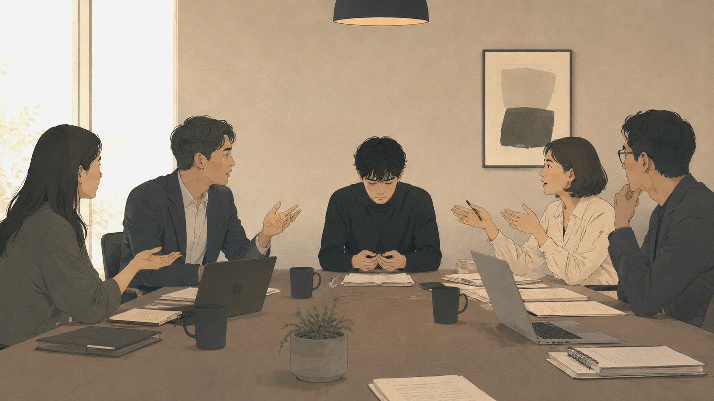 会議で一人が黙り込んでいる場面