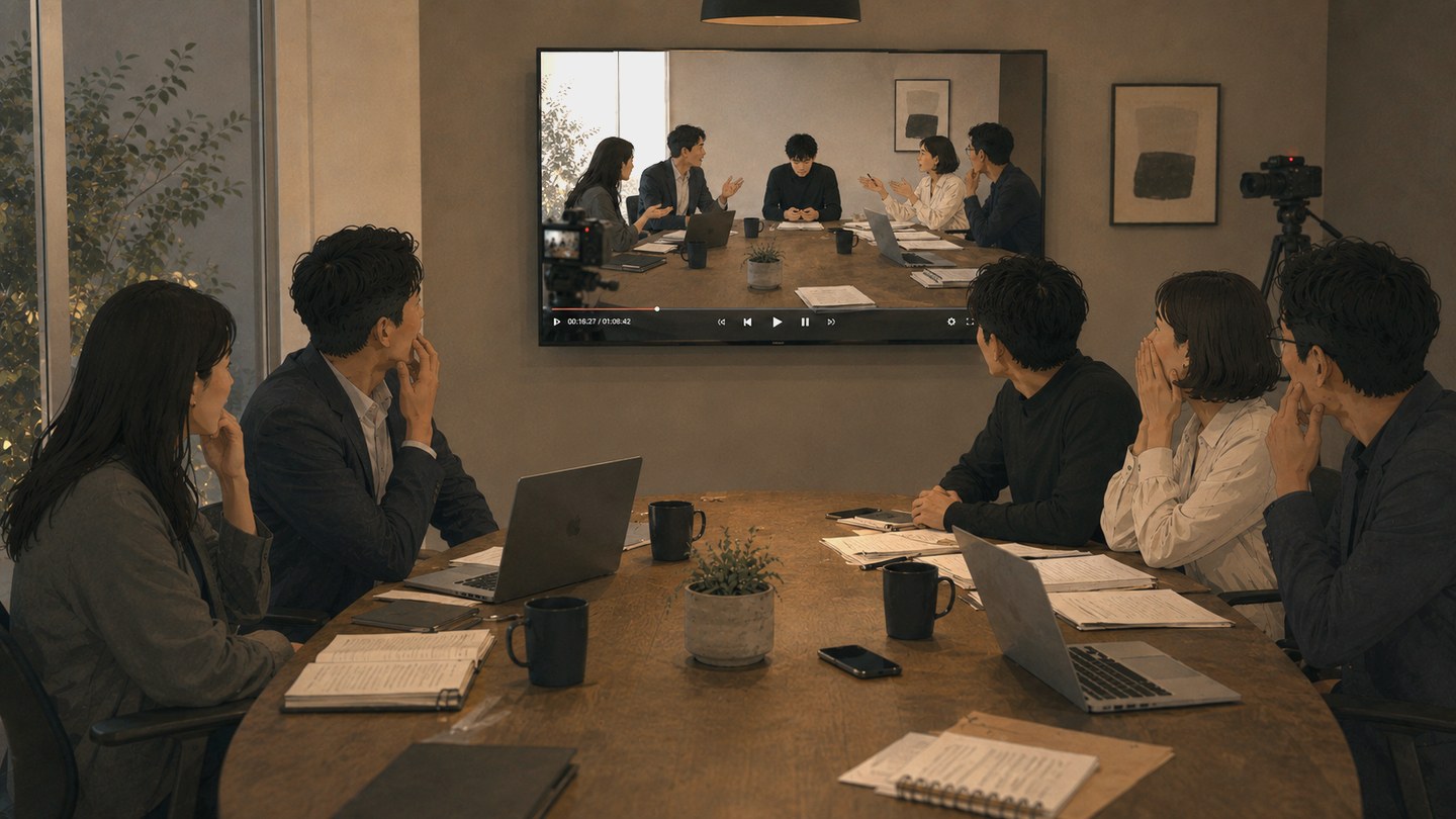 チーム全員で自分たちの会議の録画を観ている